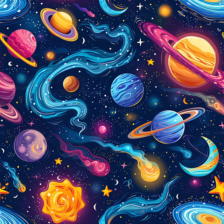 Cartoon-Style Cosmic Space with Colorful Planets and Nebulae seamless PBR texture preview