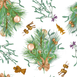 seamless Seamless 3D PBR Texture with Watercolor Pine Branches and Festive Ornaments texture 8k free download PBR