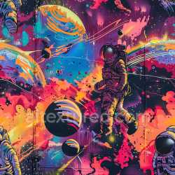 seamless Seamless 3D PBR texture of vivid astronaut space graffiti with planets and dynamic paint splatters texture 8k free download PBR