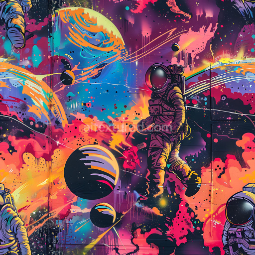 Seamless 3D PBR texture of vivid astronaut space graffiti with planets and dynamic paint splatters