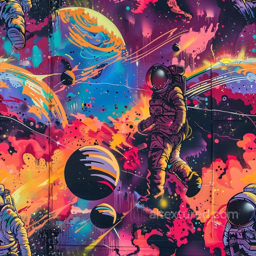 Seamless 3D PBR texture of vivid astronaut space graffiti with planets and dynamic paint… texture preview