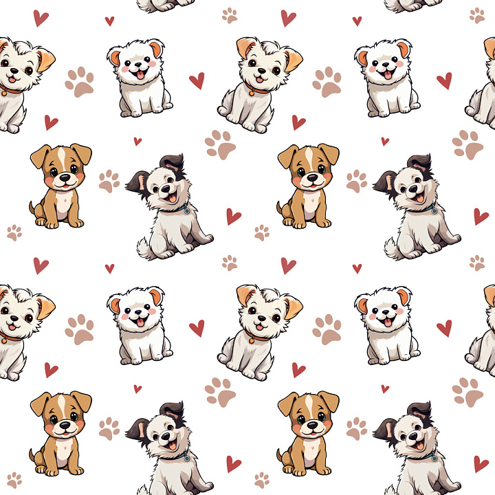 Pattern with Adorable Cartoon Puppies and Heart Motifs seamless PBR texture preview