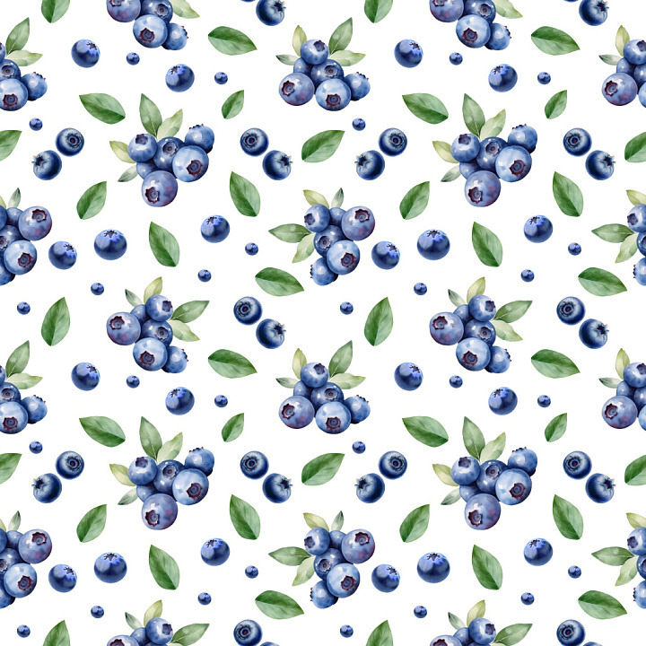 Pattern Featuring Watercolor Blueberry Clusters and Leaves seamless PBR texture preview