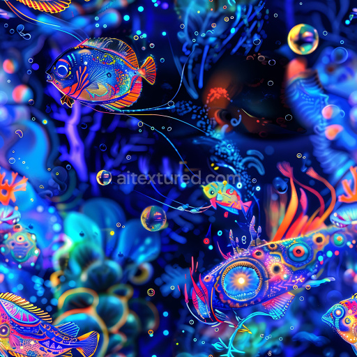 Seamless 3D PBR Graffiti Texture Featuring Neon-Colored Fish and Abstract Urban Art