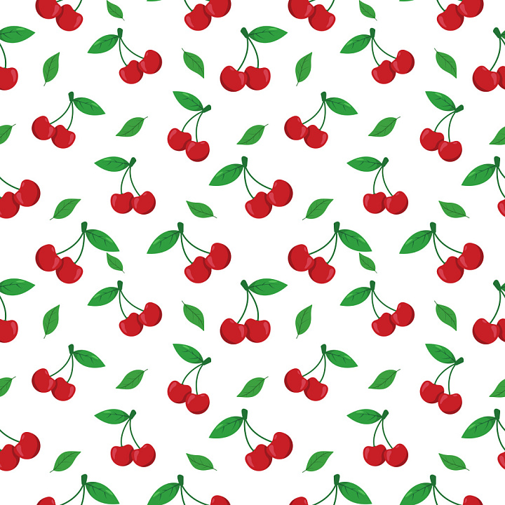 Pattern Featuring Bright Cherry Motifs with Crisp Green Leaves seamless PBR texture preview