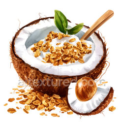 seamless Breakfast Coconut Yogurt with Granola and Fresh Green Leaves Illustration texture 8k free download PBR