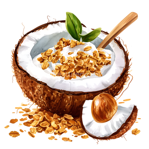 Breakfast Coconut Yogurt with Granola and Fresh Green Leaves Illustration