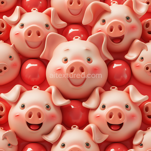 Seamless 3D Inflated PBR Texture of Playful Pig-Shaped Balloons with Glossy Red Spheres