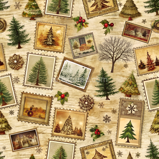 Seamless 3D PBR Texture of Vintage Style Christmas Digital Paper with Pine Tree Frames