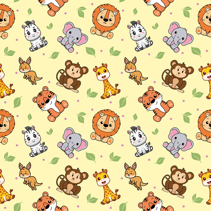 Pattern with Cute Cartoon Animal Motifs on Pastel Yellow seamless PBR texture preview