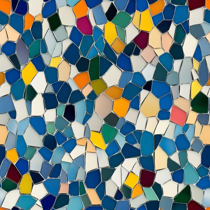 Mosaic with Multicolored Irregular Ceramic Tiles and Fine Grout Lines seamless PBR texture preview