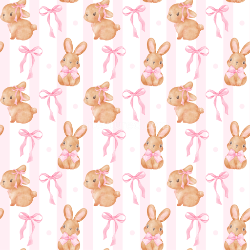 Seamless 3D PBR Texture with Watercolor Easter Bunnies and Pink Ribbons on Striped Background