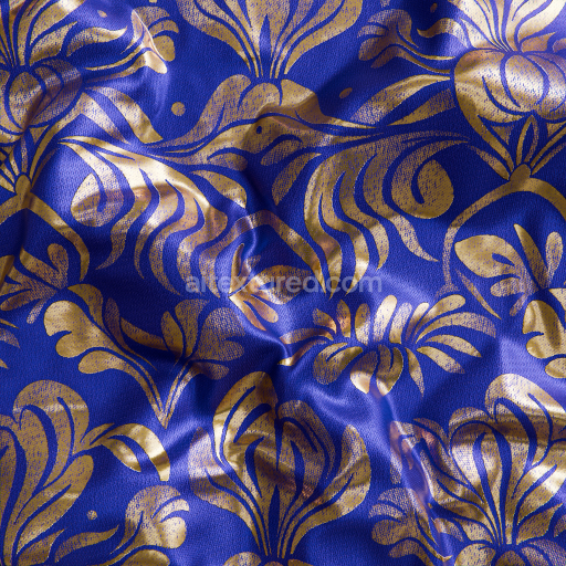 Preview — Seamless Blue Fabric PBR Texture Featuring Detailed Gold Floral Design