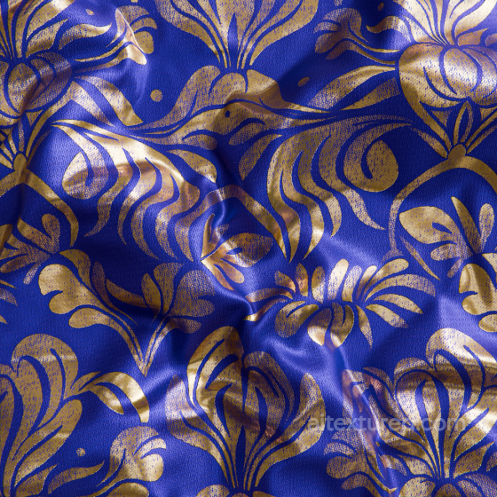 Seamless Blue Fabric PBR Texture Featuring Detailed Gold Floral Design Fabric texture preview