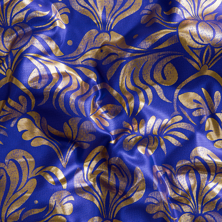 Blue Fabric Featuring Detailed Gold Floral Design seamless PBR texture preview