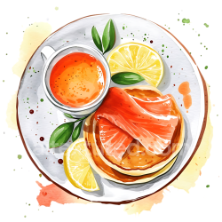 seamless Watercolor Style Breakfast Graphic of Blini with Smoked Salmon and Lemon Slices texture 8k free download PBR