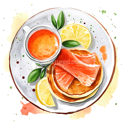 Watercolor Style Breakfast Graphic of Blini with Smoked Salmon and Lemon Slices