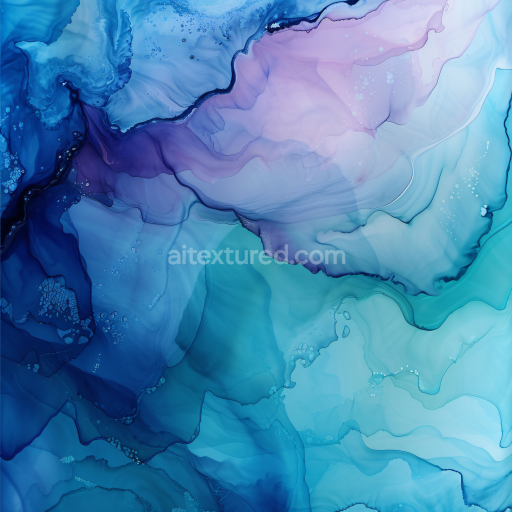Seamless 3D Alcohol Ink PBR Texture Featuring Blue and Purple Fluid Waves and Soft Translucent Layers