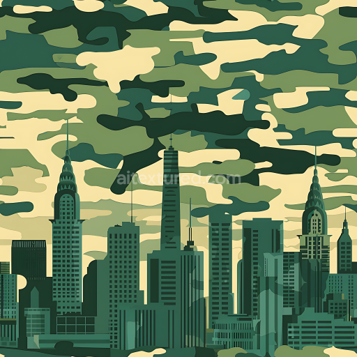 Seamless 3D urban camouflage PBR texture featuring stylized city skyline and smooth cloud pattern