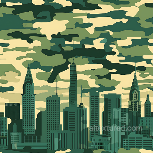urban camouflage PBR texture featuring stylized city skyline and smooth cloud pattern seamless Color Camouflage PBR texture