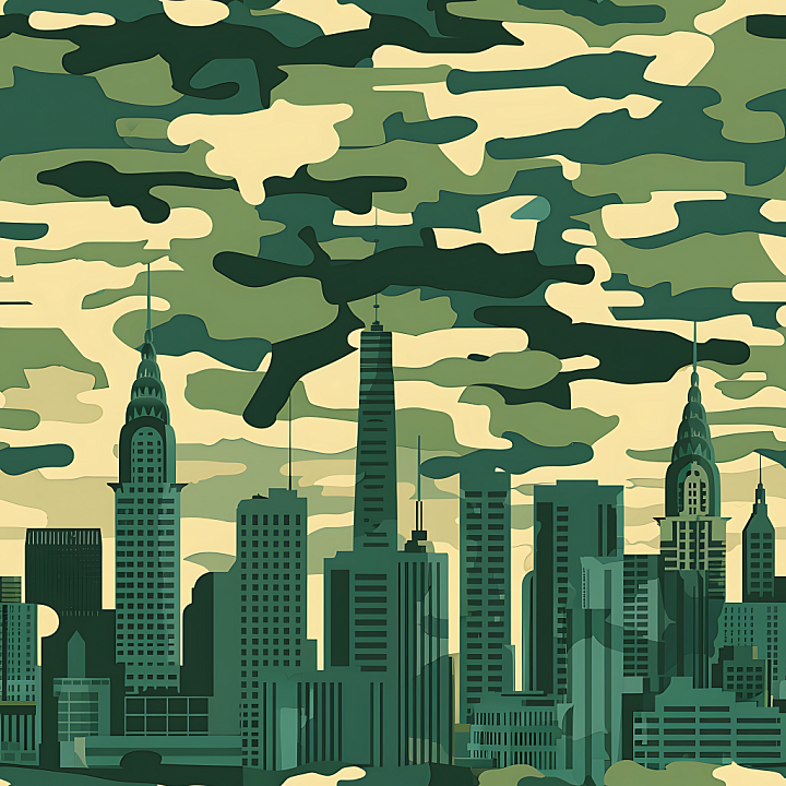 Urban Camouflage Featuring Stylized City Skyline And Smooth Cloud Patte… seamless PBR texture preview