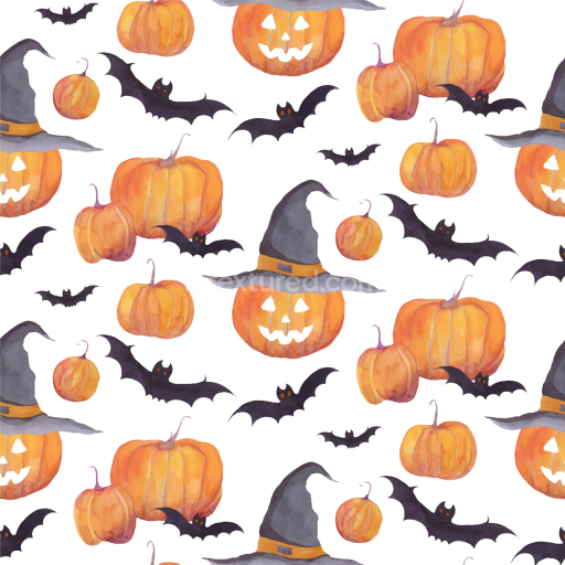 Seamless 3D PBR Watercolor Halloween Texture with Pumpkins, Bats, and Witch Hats
