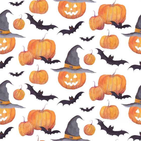 Watercolor Halloween Texture with Pumpkins, Bats, and Witch Hats Watercolor Halloween texture preview