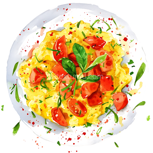Scrambled Tofu Breakfast Plate with Fresh Tomatoes and Herbs Illustration