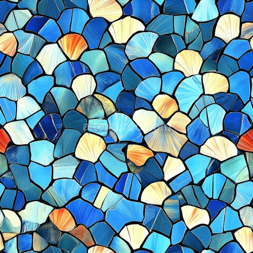Seamless 3D Mosaic PBR Texture Featuring Blue and Beige Shell-Shaped Ceramic Tiles texture preview