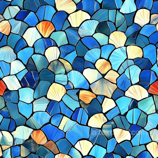 Mosaic PBR Texture Featuring Blue and Beige Shell-Shaped Ceramic Tiles seamless Mosaic PBR texture
