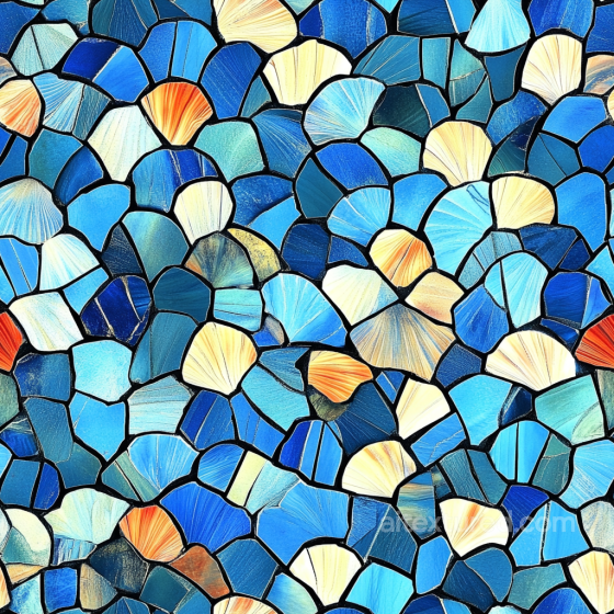 Mosaic PBR Texture Featuring Blue and Beige Shell-Shaped Ceramic Tiles Mosaic texture preview