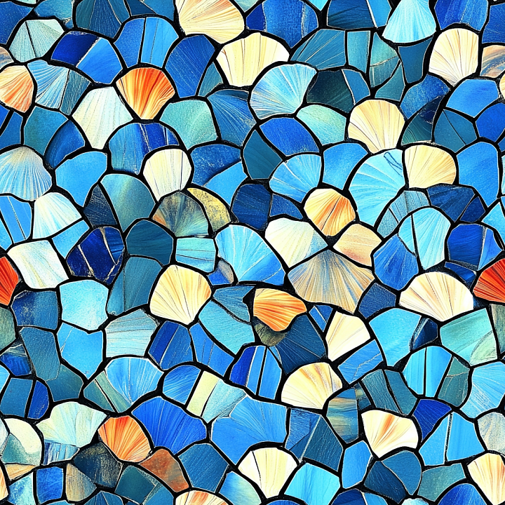 Mosaic Featuring Blue and Beige Shell-Shaped Ceramic Tiles seamless PBR texture preview