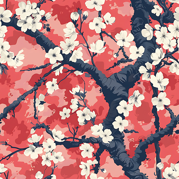 Stylized Floral Camouflage with Cherry Blossom Design seamless PBR texture preview