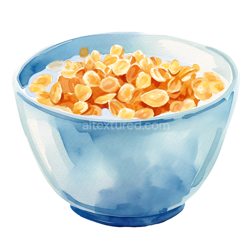 Breakfast Wheat Bran Cereal in Blue Ceramic Bowl Watercolor Illustration