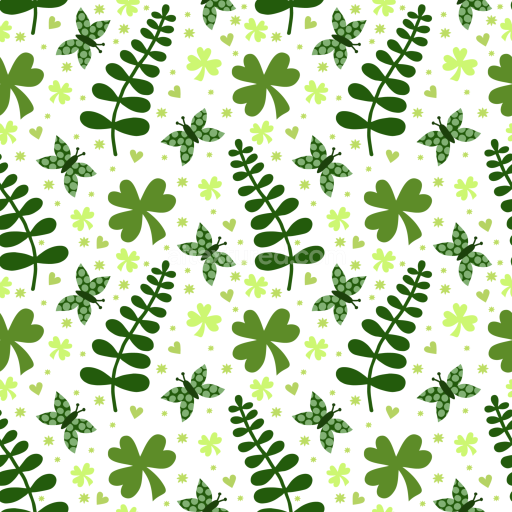 Seamless 3D PBR Texture Featuring St Patrick Clover, Ferns & Butterflies Pattern