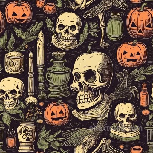 Vintage Halloween Texture with Skulls, Pumpkins, and Eerie Icons seamless Vintage Halloween PBR texture
