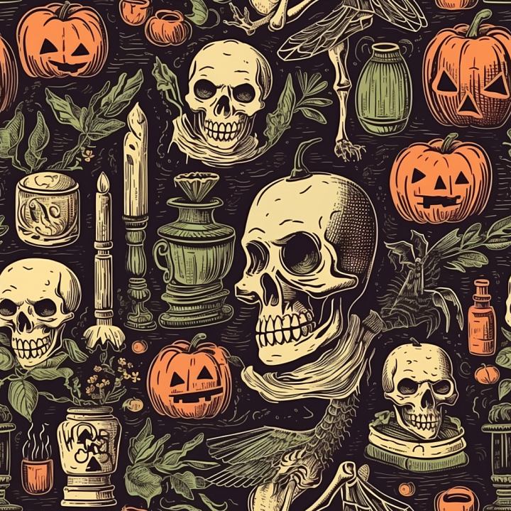 Vintage Halloween with Skulls, Pumpkins, and Eerie Icons seamless PBR texture preview