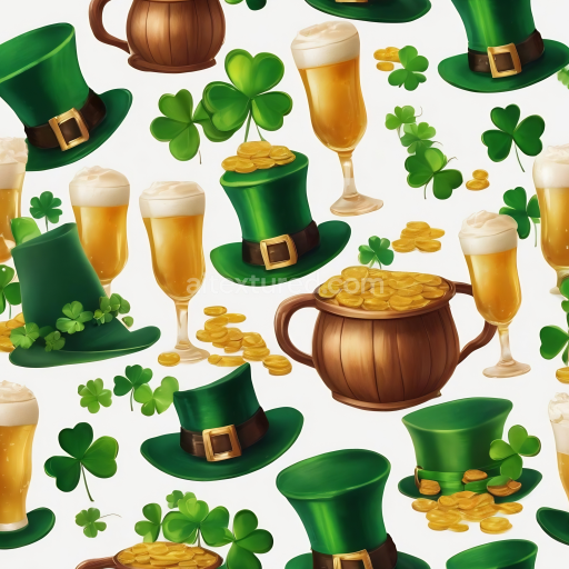 Seamless 3D PBR texture of St Patrick symbols: green hats, beers, coins