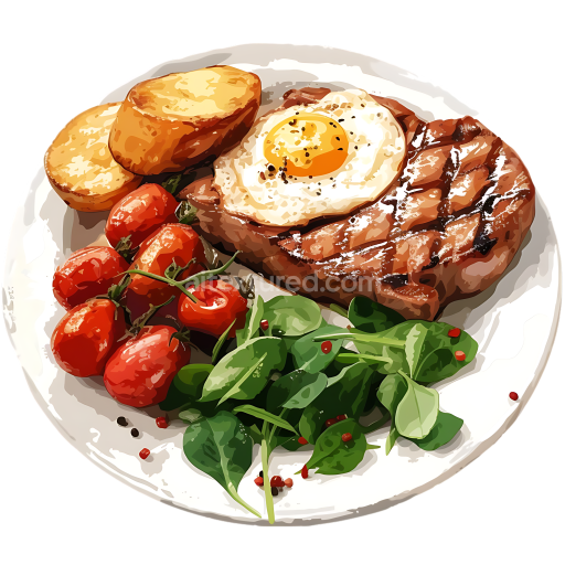 Breakfast Plate with Grilled Pork Steak, Fried Egg, Roasted Tomatoes, and Greens Graphic