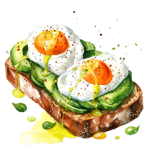 Watercolor Avocado Toast with Poached Eggs Breakfast Illustration