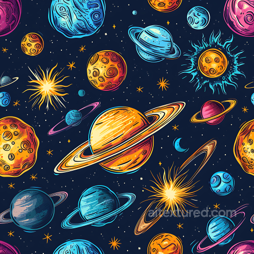 Cartoon Space PBR Texture with Colorful Planets and Starfield seamless Star, space, planets PBR texture