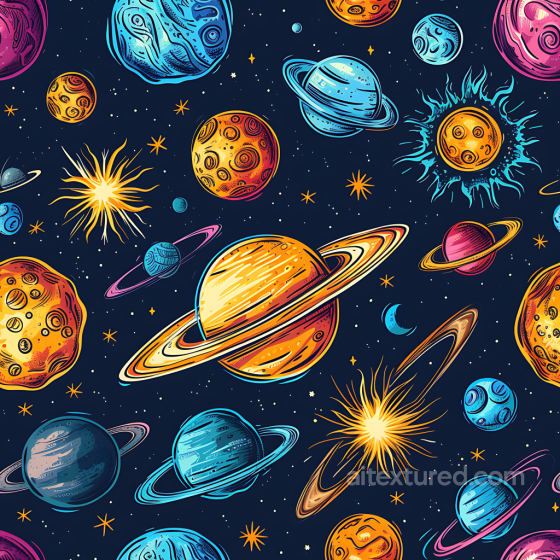 Cartoon Space PBR Texture with Colorful Planets and Starfield Star, space, planets texture preview