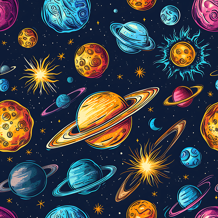 Cartoon Space with Colorful Planets and Starfield seamless PBR texture preview
