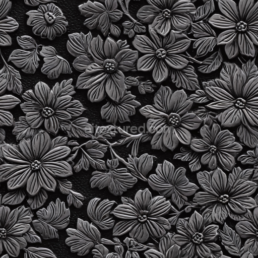 Seamless 3D PBR texture of black leather with detailed embossed floral pattern