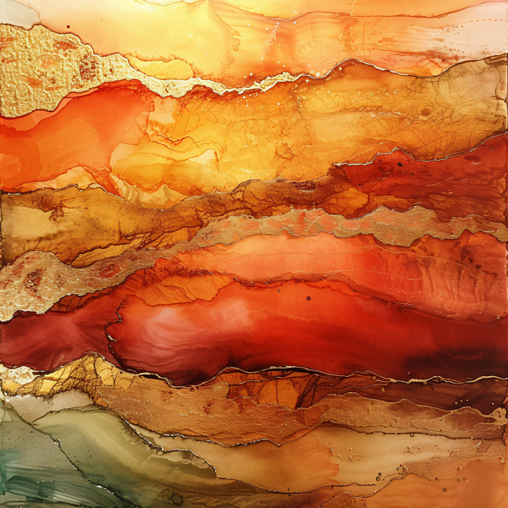 Alcohol Ink Featuring Warm Amber and Gold Fluid Waves seamless PBR texture preview