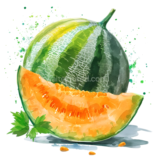 Watercolor-Style Melon Slice and Whole Melon Breakfast Graphic