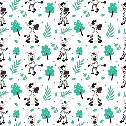 Seamless 3D Pattern PBR Texture with Playful Cartoon Zebra and Green Foliage texture preview