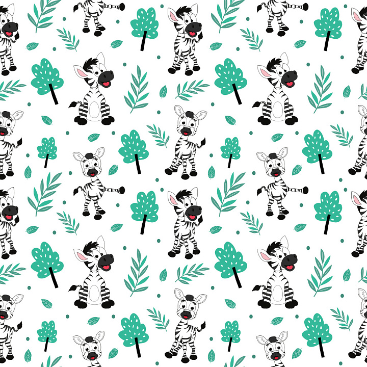 Pattern with Playful Cartoon Zebra and Green Foliage seamless PBR texture preview
