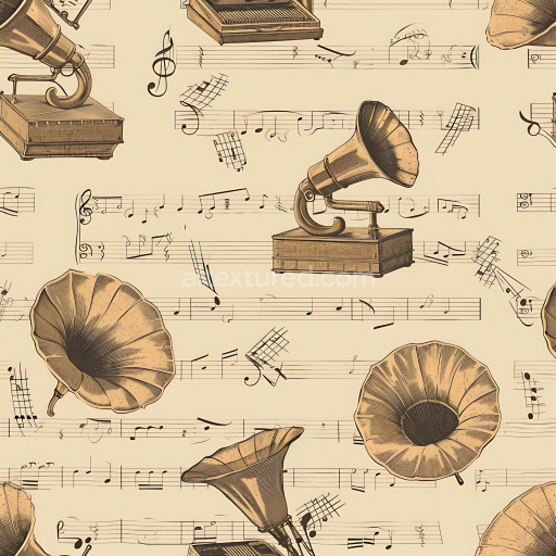 Seamless 3D PBR Texture of Vintage Gramophone Illustrations on Music Sheet