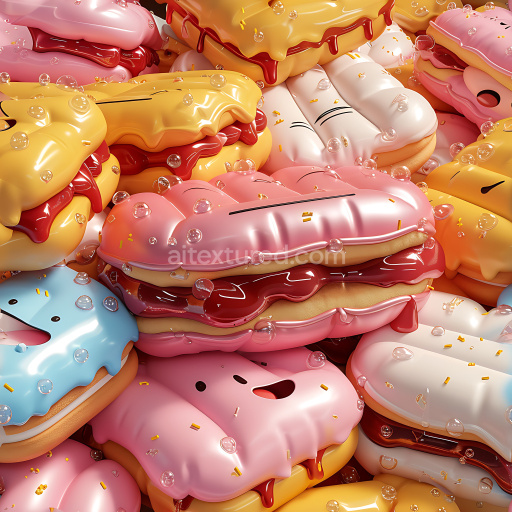 Seamless 3D Inflated PBR Texture of Colorful Plush Cookie Pillows with Glossy Bubbles